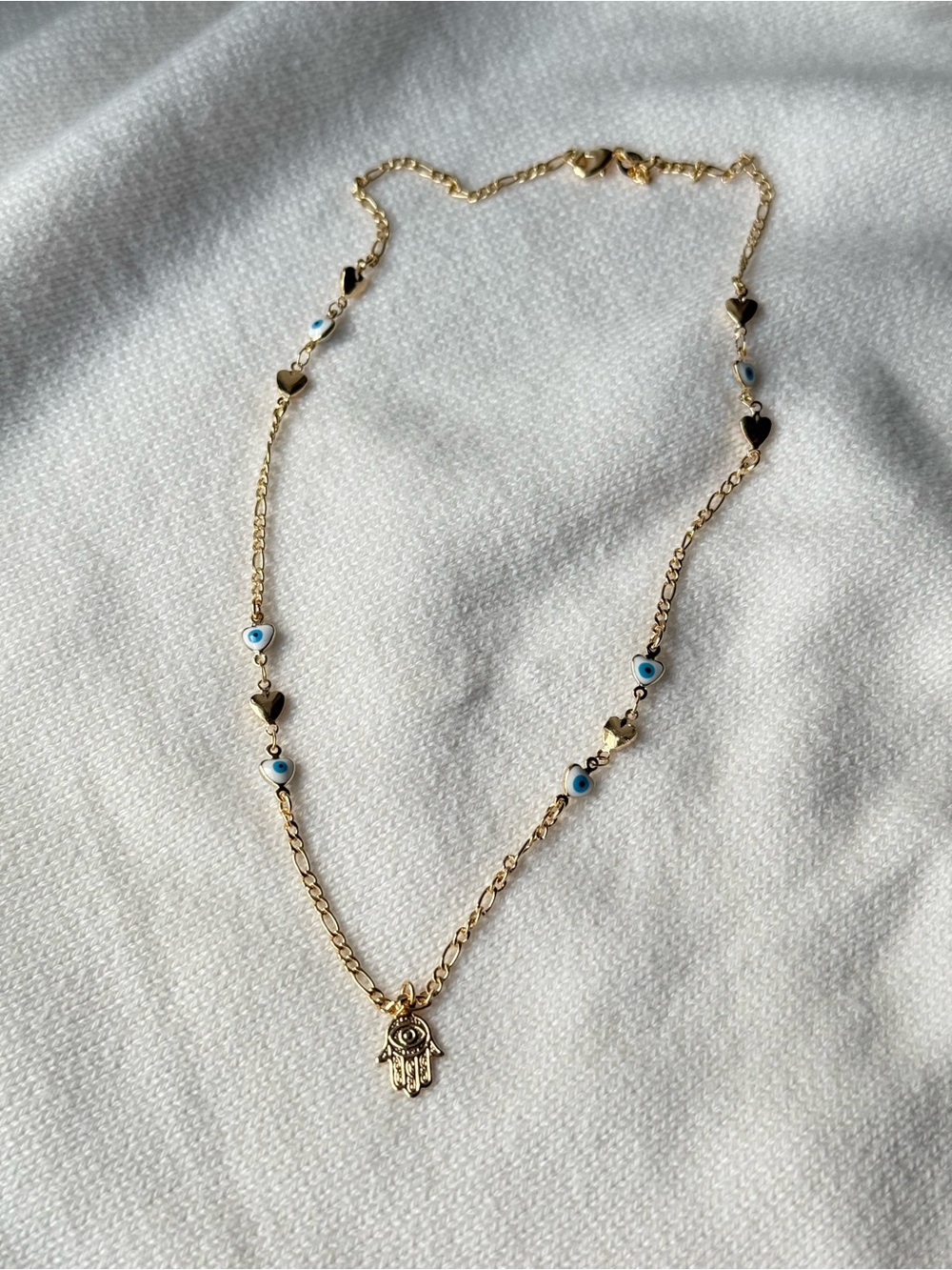 Gold Hamsa Eye Necklace with Blue Accent Beads